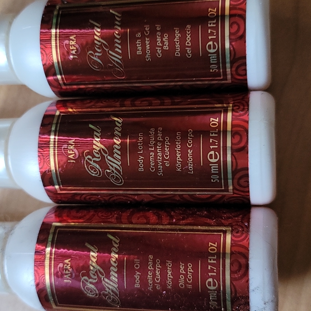 Jafra set of sample sized body lotion, body oil, and bath and shower gel.